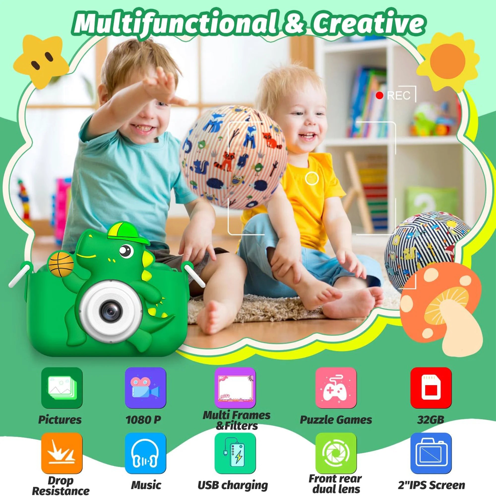 Kids’ Digital Camera – 1080P HD, SD Card, Cartoon Dinosaur Design for Photos & Videos, Perfect Birthday Gift