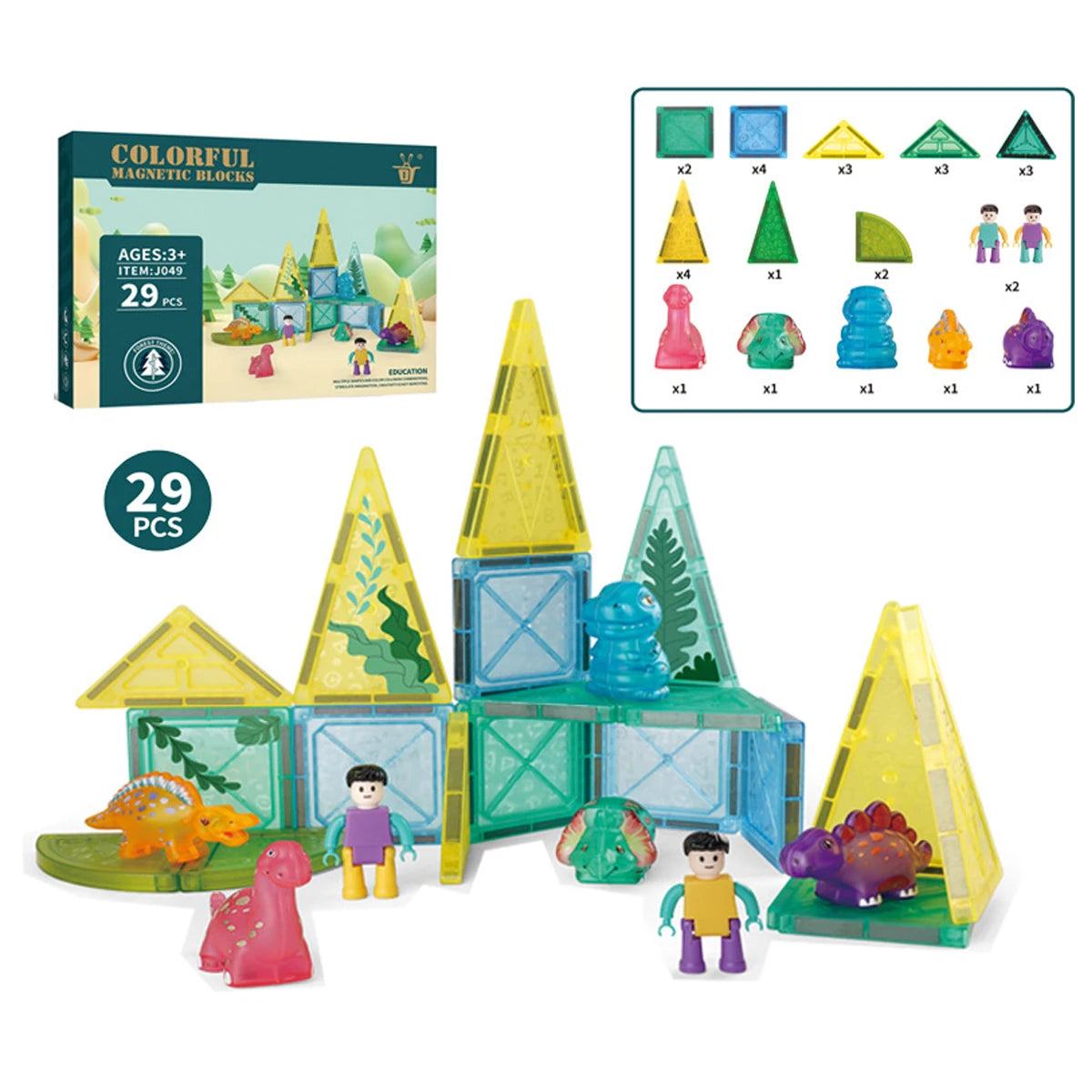 Kids Forest Dinosaur Magnetic Building Blocks Starter Set – Educational Animal Magnet Construction Toy, 29 Pieces