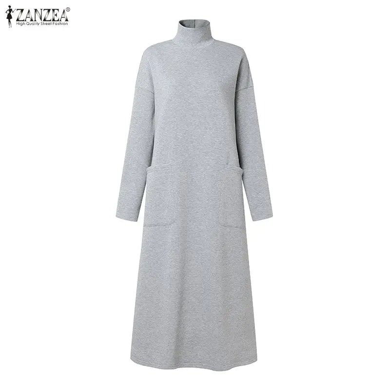 Sweatshirt Dress Women Casual Turtleneck Long Sleeve Solid A-Line Midi Dresses