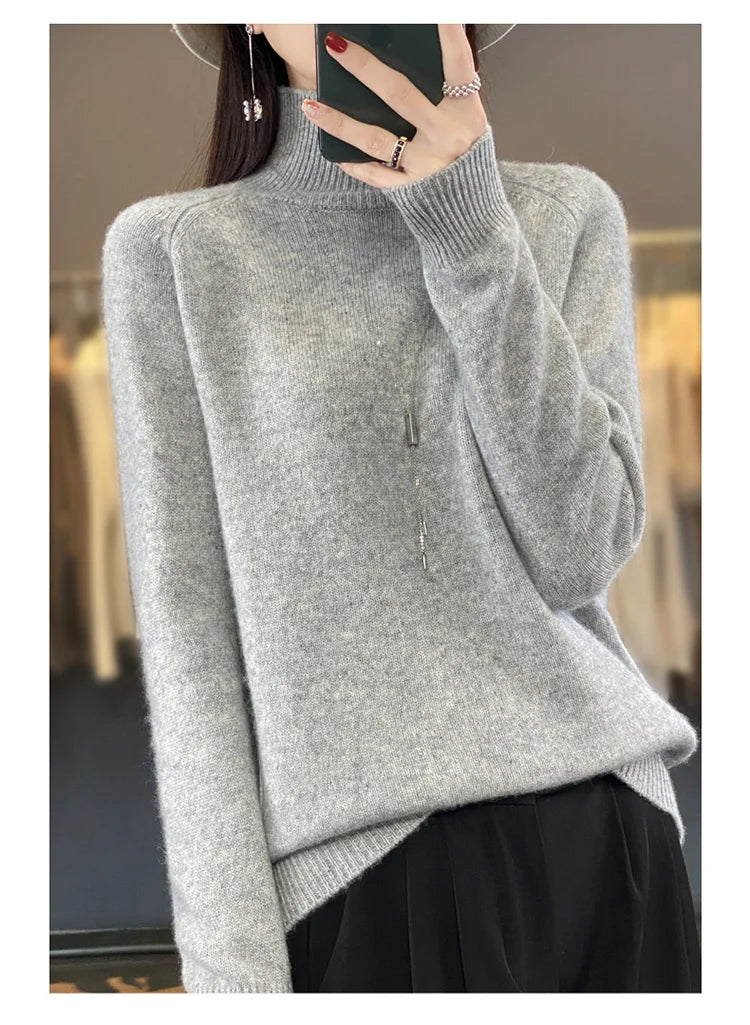 Autumn Winter Wool Sweater Mock Neck Office Lady Knitted Pullover Solid Soft Long Sleeve