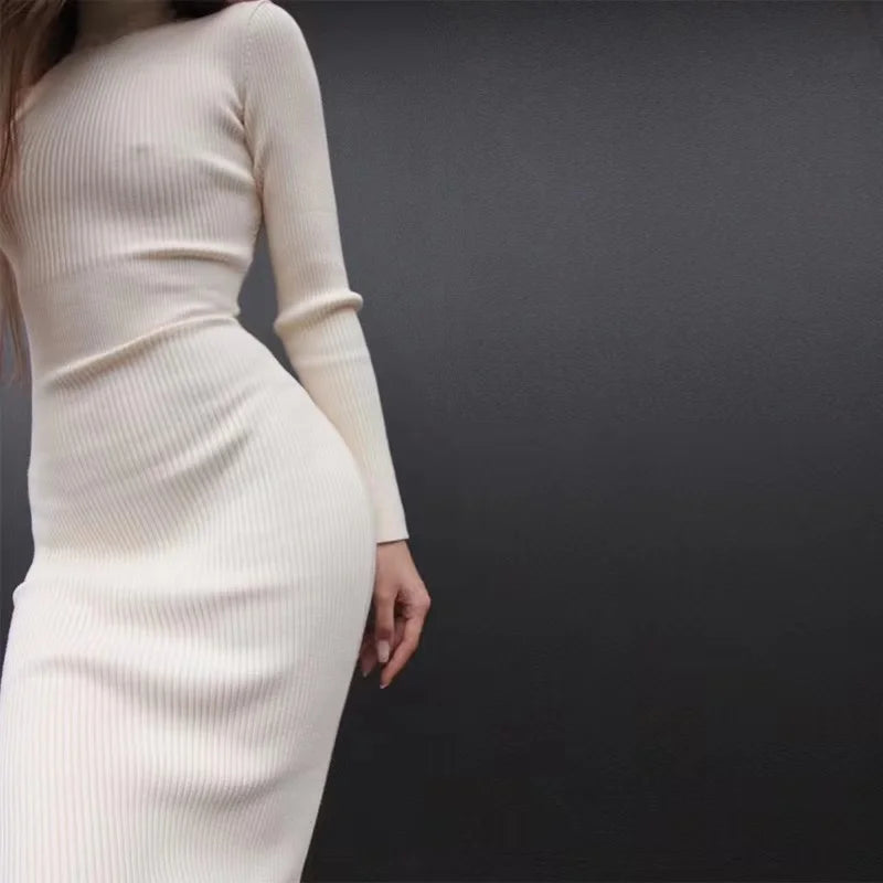 Autumn Knitted Turtleneck Dress Women Long Sleeve Bodycon Midi Dresses Elegant Fashion