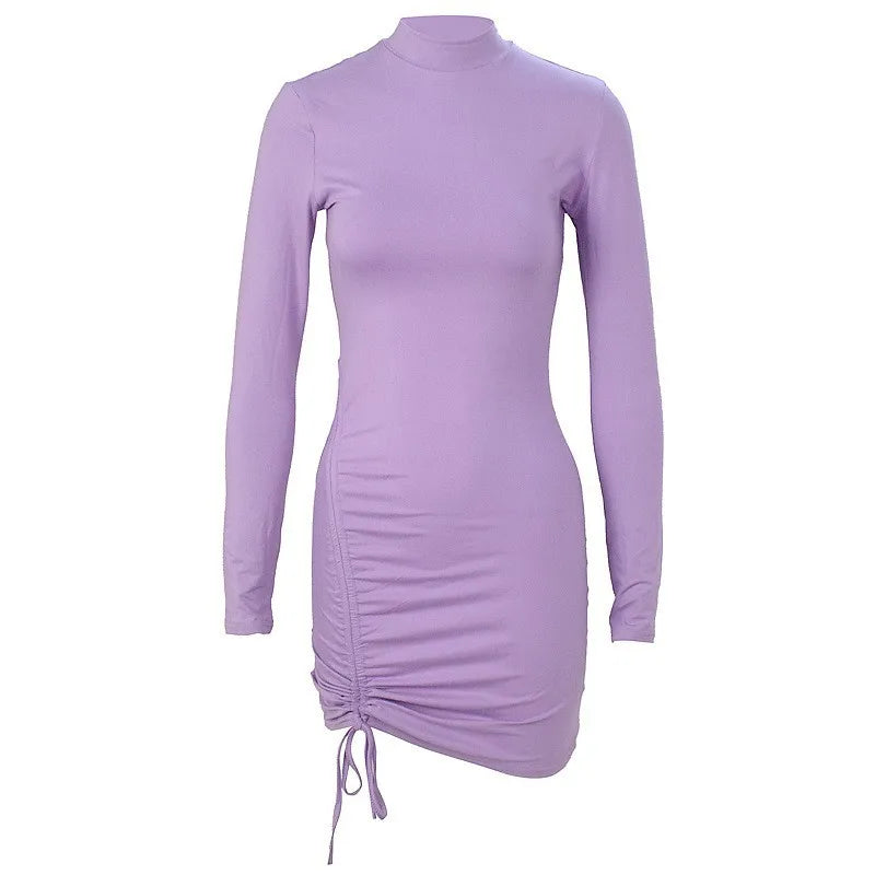 High-neck Purple Long-sleeved Pleated Tie-up Dress Skirt.