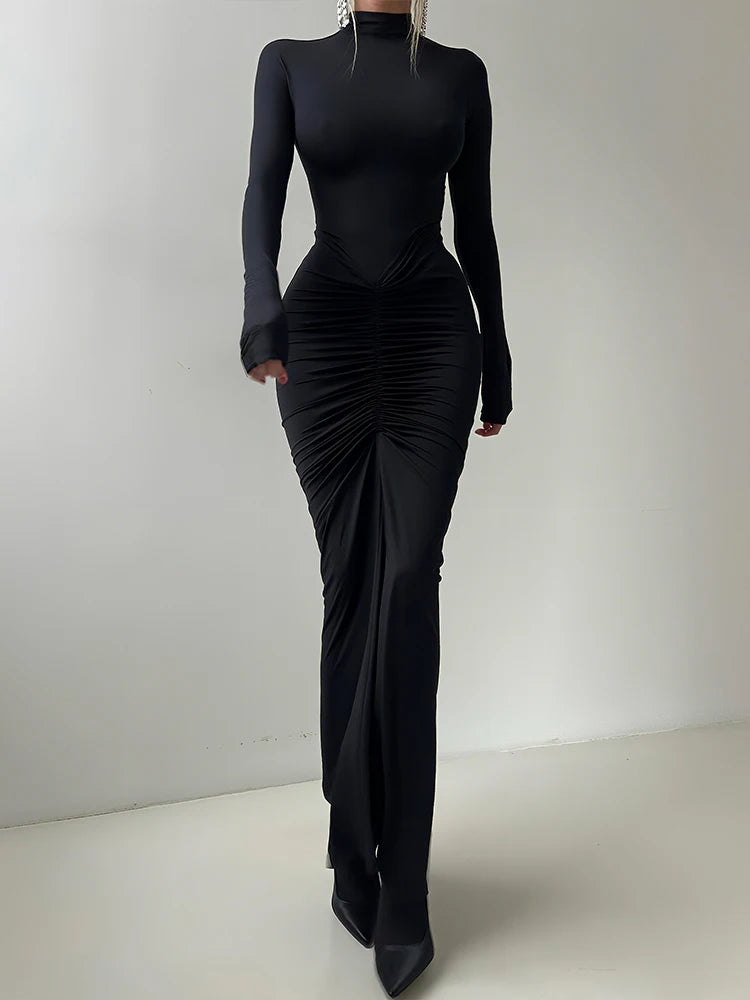 New Style Long Dress Woman Turtleneck Full Sleeve Skinny High Stretch Daily Casual