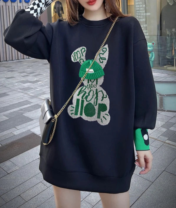 Sweatshirt for Women BlackGraphic Long  Woman Tops Loose Embroidered Pullover Baggy Korean Popular Clothes