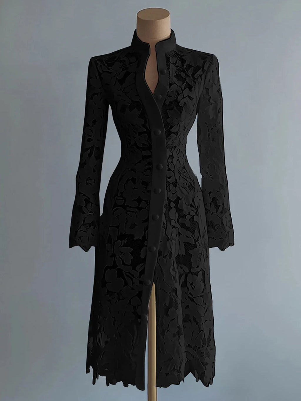 Women's Floral Lace Hollow Out Elegant Dress Solid Single-breasted Turtleneck Autumn Long Sleeve Cardigan Outwear Midi Dresses