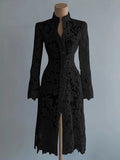 Women's Floral Lace Hollow Out Elegant Dress Solid Single-breasted Turtleneck Autumn Long Sleeve Cardigan Outwear Midi Dresses