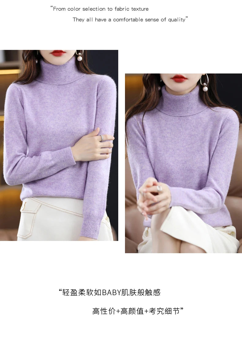 Wool Cashmere Sweater Women Knitted Sweater Turtleneck Long Sleeve Pullovers Autumn Winter.