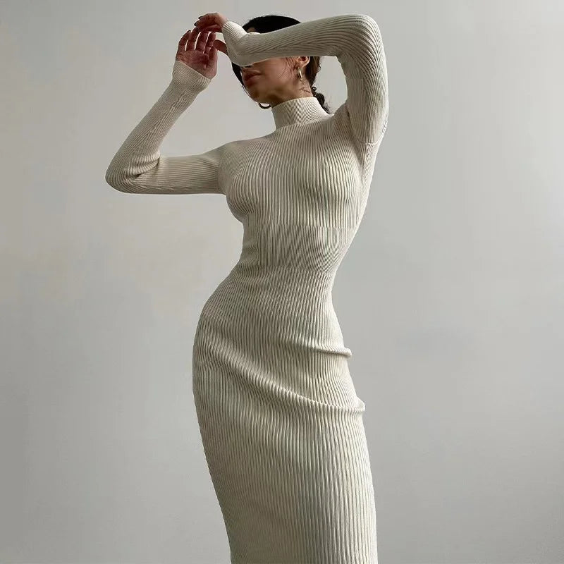 Autumn Knitted Turtleneck Dress Women Long Sleeve Bodycon Midi Dresses Elegant Fashion