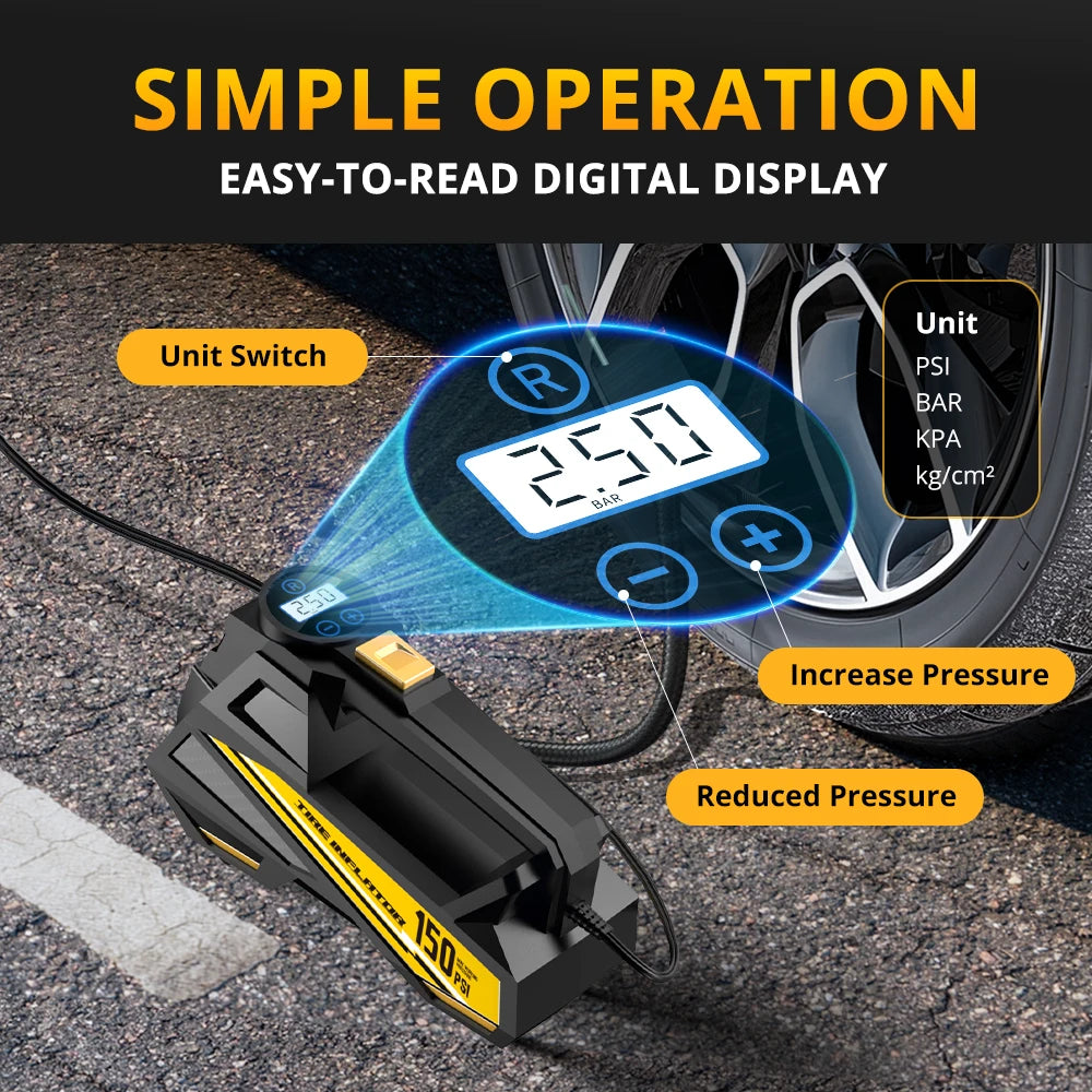 Portable 12V Car Air Compressor 150PSI – Upgraded Corded Tire Pump with Built-In LED Light for Cars, Bikes & Sports Balls
