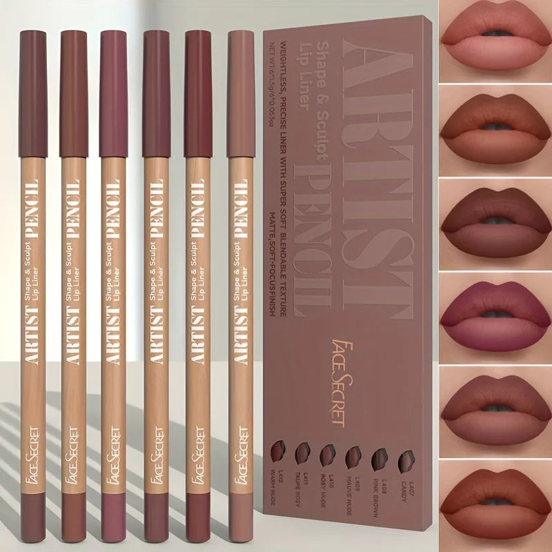 6pcs Velvet Matte Lip Liner Pencils Set Long-Lasting Non-Drying.