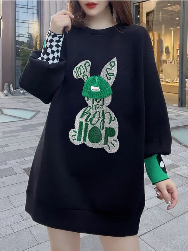 Sweatshirt for Women BlackGraphic Long  Woman Tops Loose Embroidered Pullover Baggy Korean Popular Clothes