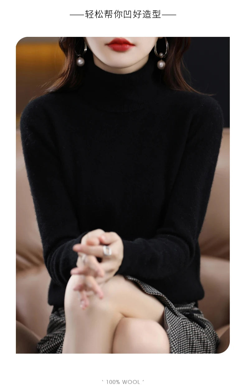Wool Cashmere Sweater Women Knitted Sweater Turtleneck Long Sleeve Pullovers Autumn Winter.