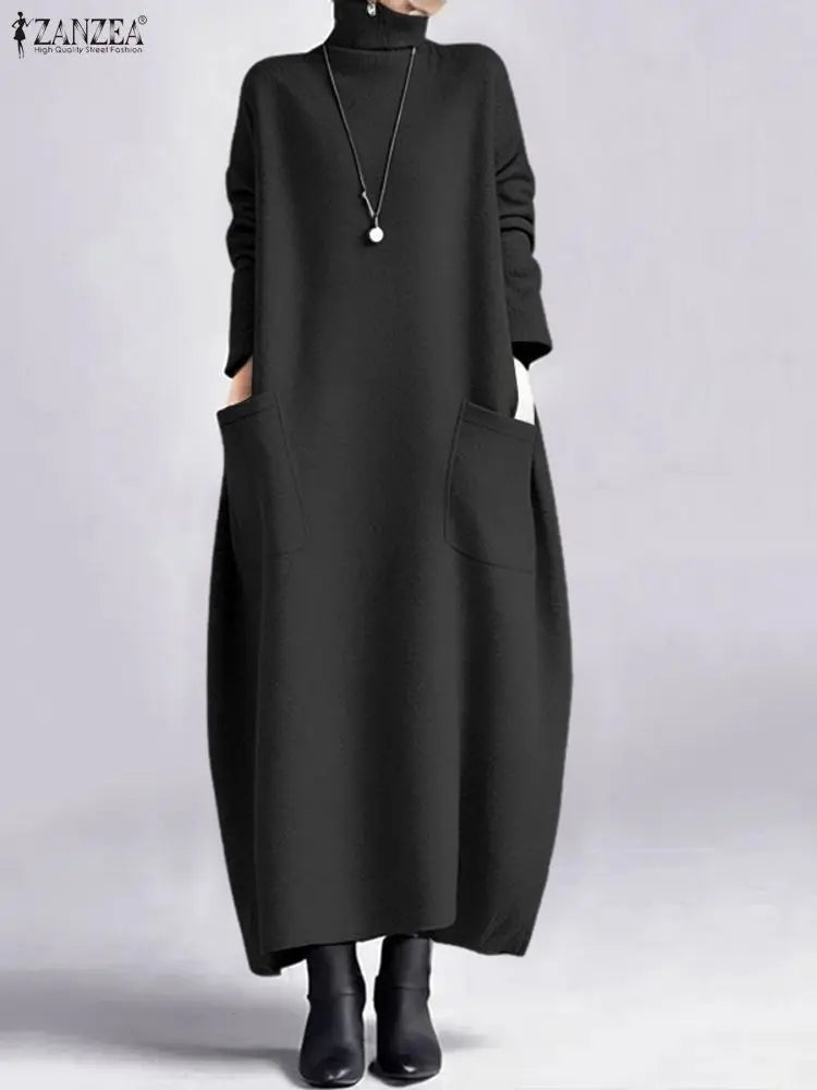 Sweatshirt Dress Women Casual Turtleneck Long Sleeve Solid A-Line Midi Dresses
