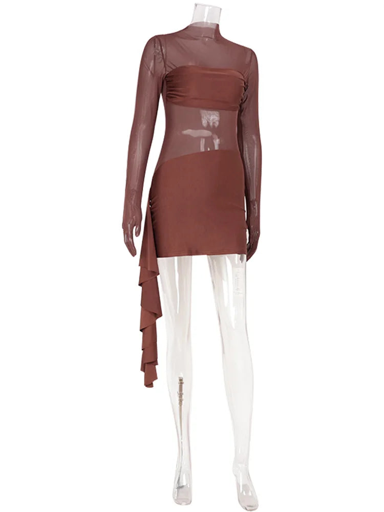 Mesh Patchwork Solid O Neck Women Dresses Autum Sheer Club Long Sleeve Hip Wrap Bodycon Streetwear