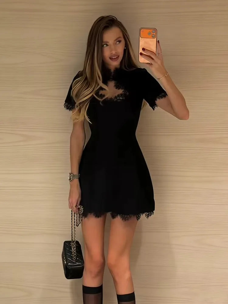 Tossy Black Lace Cutout Mini Dress – High Waist Party Style