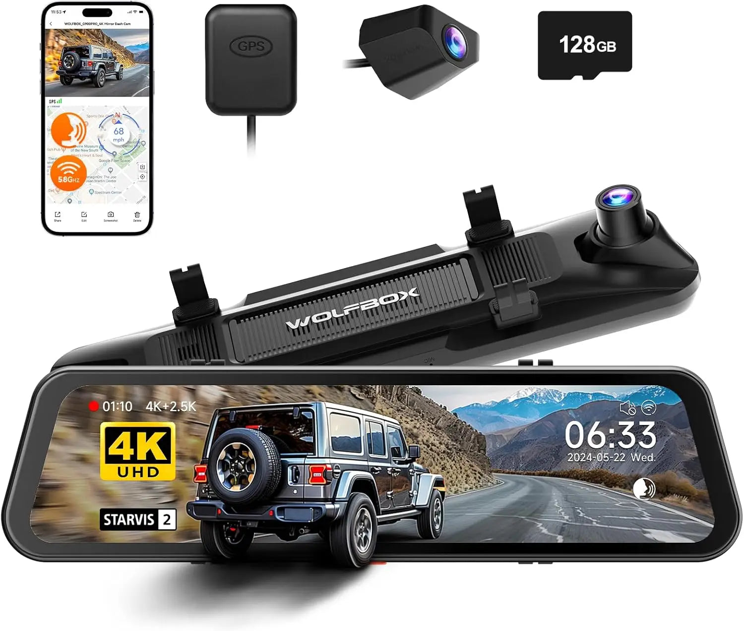 WOLFBOX G900 PRO Dash Cam – 4K front + 2.5K rear mirror dash camera with voice control, 5GHz Wi-Fi, GPS tracking, loop recording, and dual front & rear cameras for clear driving video and smart car security.