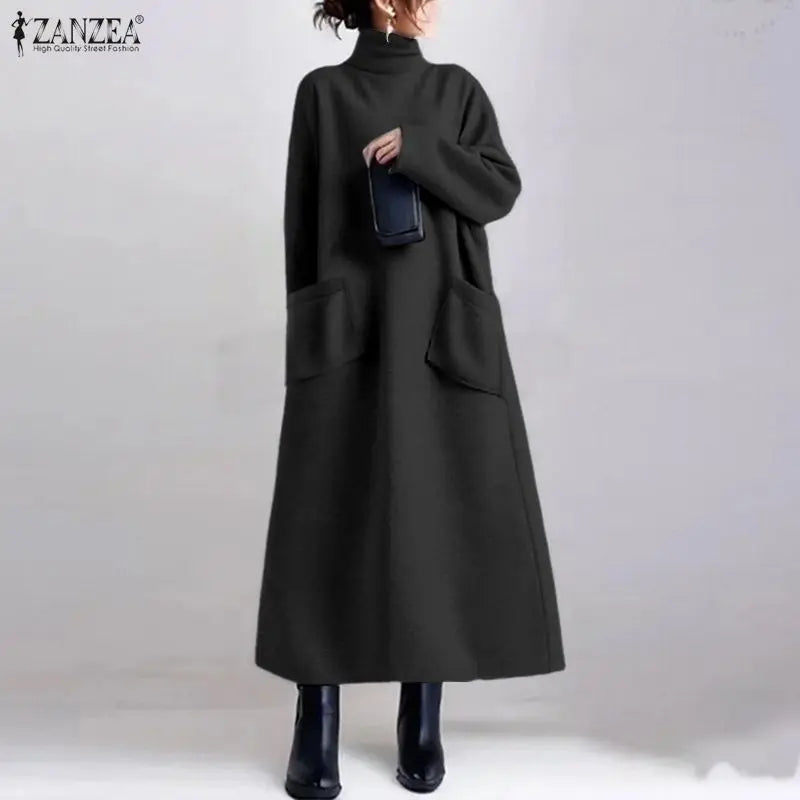 Sweatshirt Dress Women Casual Turtleneck Long Sleeve Solid A-Line Midi Dresses