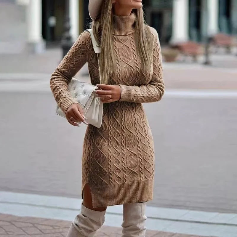 Women's Knitted Wrap Hip Skirt High Neck Warm and Thickened Elegant Knitted Sweater Long Sleeve Dress