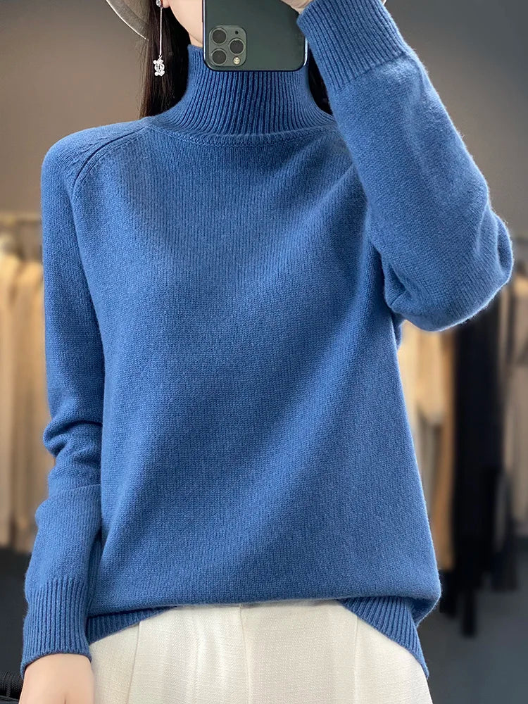 Autumn Winter Wool Sweater Mock Neck Office Lady Knitted Pullover Solid Soft Long Sleeve