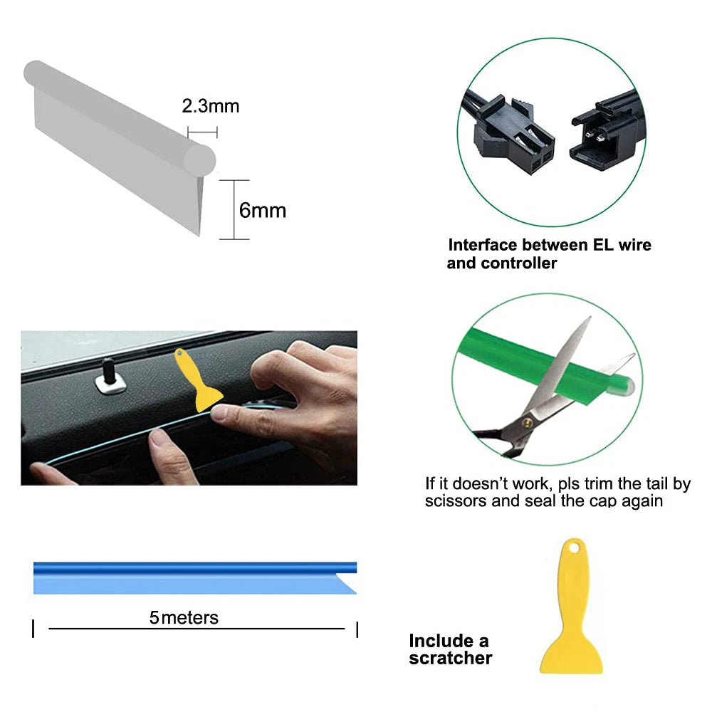 5M Car Interior LED Neon Strip Light USB – Flexible EL Wire Ambient Lighting Decorative Lamp for Auto DIY Atmosphere