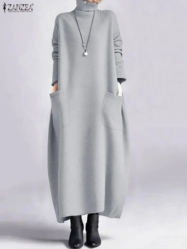 Sweatshirt Dress Women Casual Turtleneck Long Sleeve Solid A-Line Midi Dresses