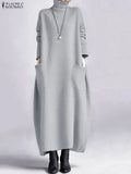 Sweatshirt Dress Women Casual Turtleneck Long Sleeve Solid A-Line Midi Dresses