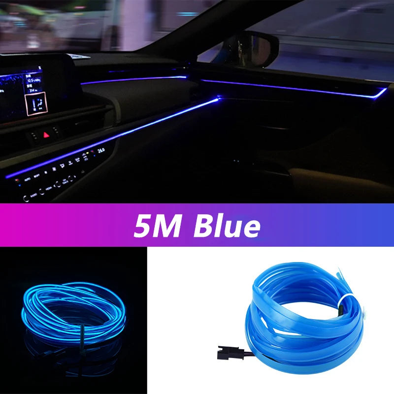 5M Car Interior LED Neon Strip Light USB – Flexible EL Wire Ambient Lighting Decorative Lamp for Auto DIY Atmosphere