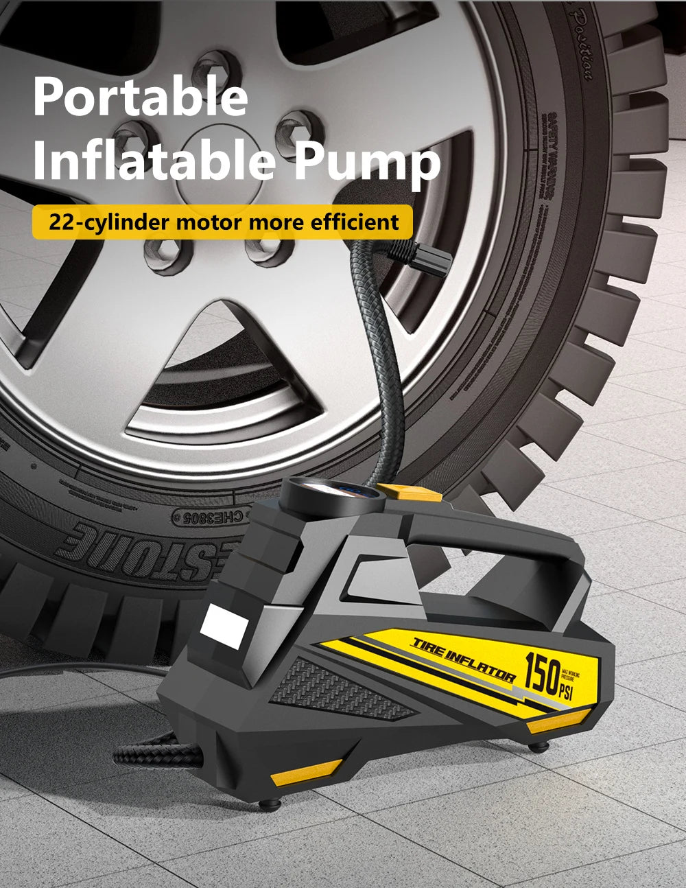Portable 12V Car Air Compressor 150PSI – Upgraded Corded Tire Pump with Built-In LED Light for Cars, Bikes & Sports Balls