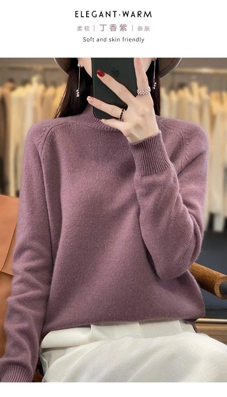 Autumn Winter Wool Sweater Mock Neck Office Lady Knitted Pullover Solid Soft Long Sleeve