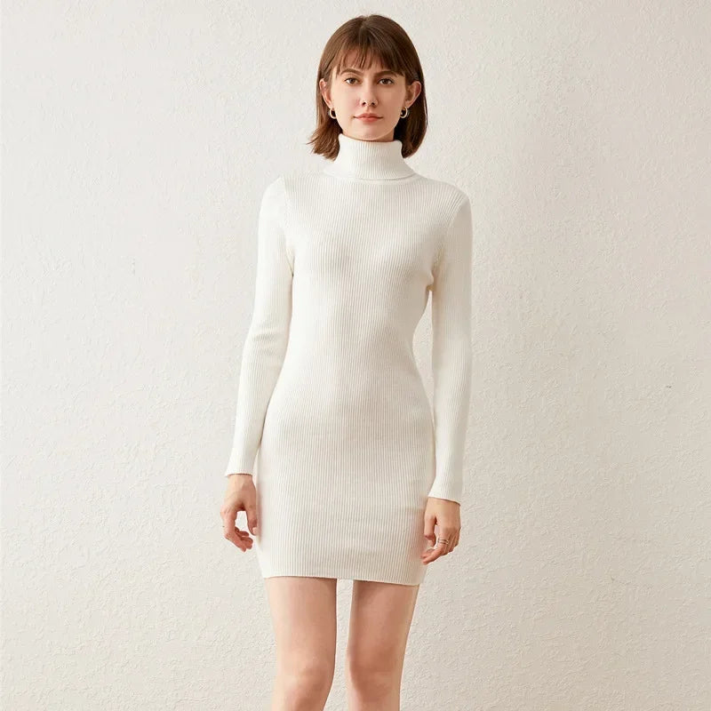 Turtleneck Sweater Slim-Fit Bottoming Solid Color Tight-Fitting Knitted Bag Hip Women Dress.