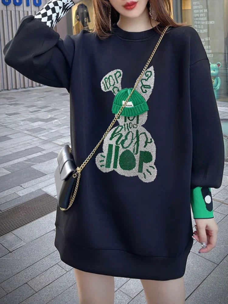 Sweatshirt for Women BlackGraphic Long  Woman Tops Loose Embroidered Pullover Baggy Korean Popular Clothes
