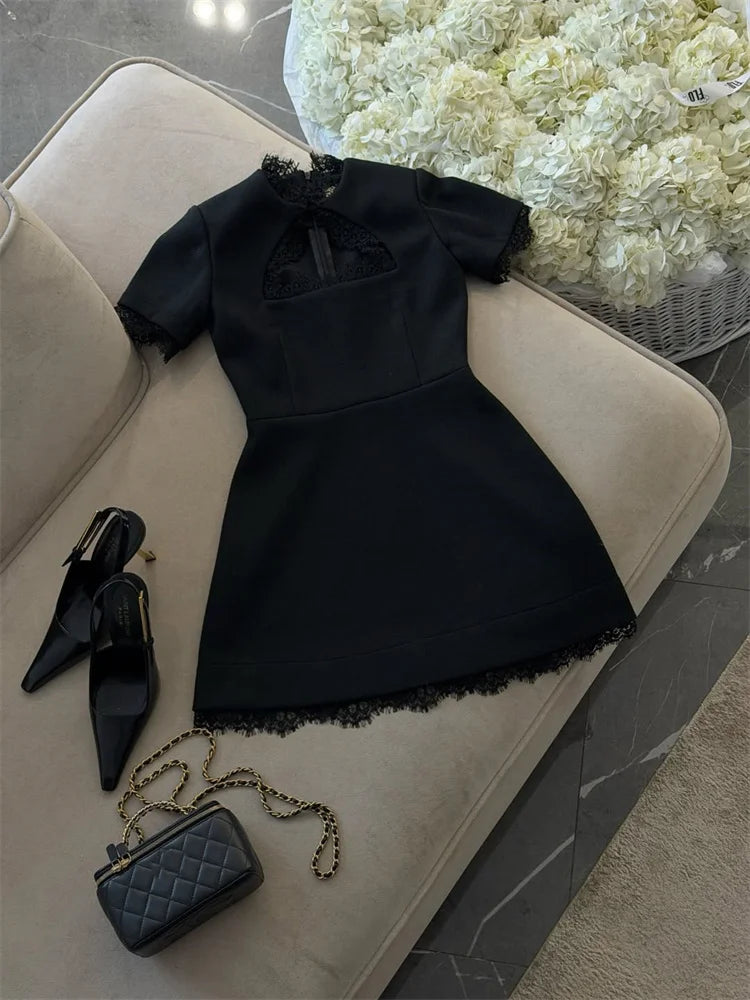 Tossy Black Lace Cutout Mini Dress – High Waist Party Style