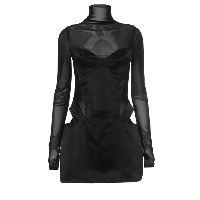 High Neck Robe Mesh Long Sleeve Mini Dress Party Cut Out Corset Bodycon Dresses