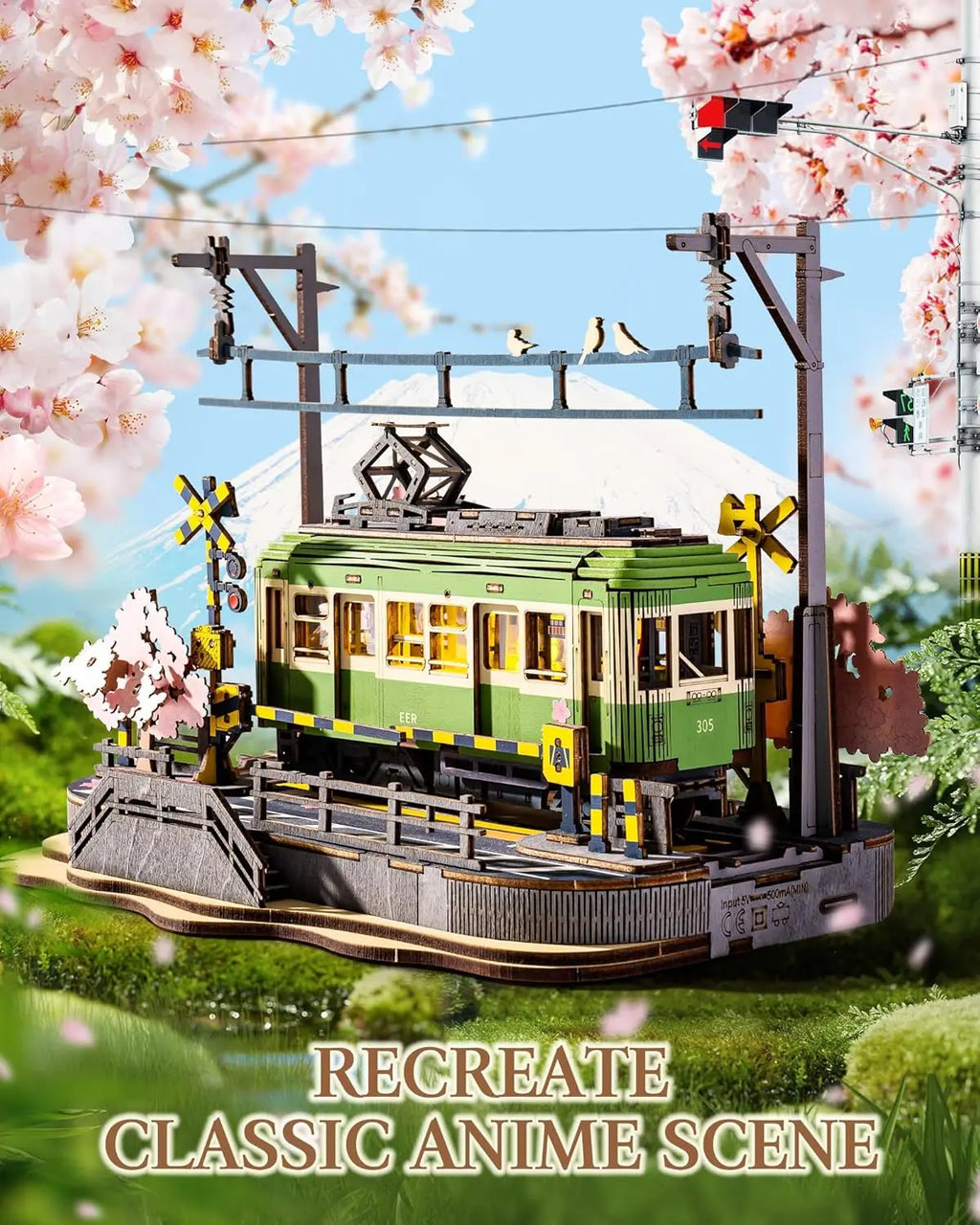 Robotime Sakura Tram 3D Wooden Puzzle with LED Lights – Home Decor Gift for Adults and Girls