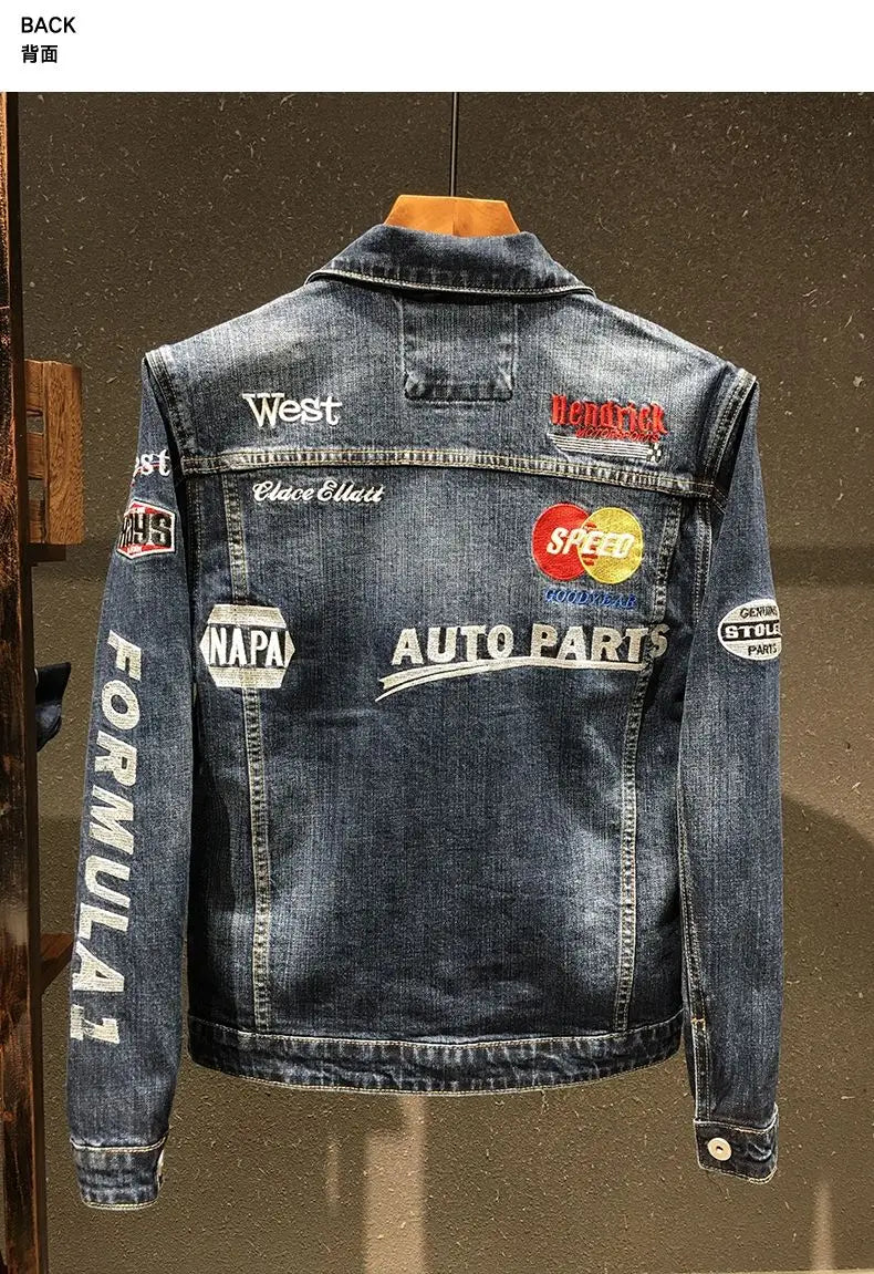 Spring and Autumn New Men's Embroidered Denim Jacket Trendy and Handsome Slim Fit Badge Broken Coat