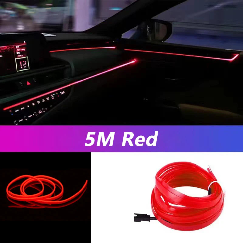 5M Car Interior LED Neon Strip Light USB – Flexible EL Wire Ambient Lighting Decorative Lamp for Auto DIY Atmosphere