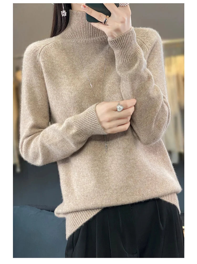 Autumn Winter Wool Sweater Mock Neck Office Lady Knitted Pullover Solid Soft Long Sleeve