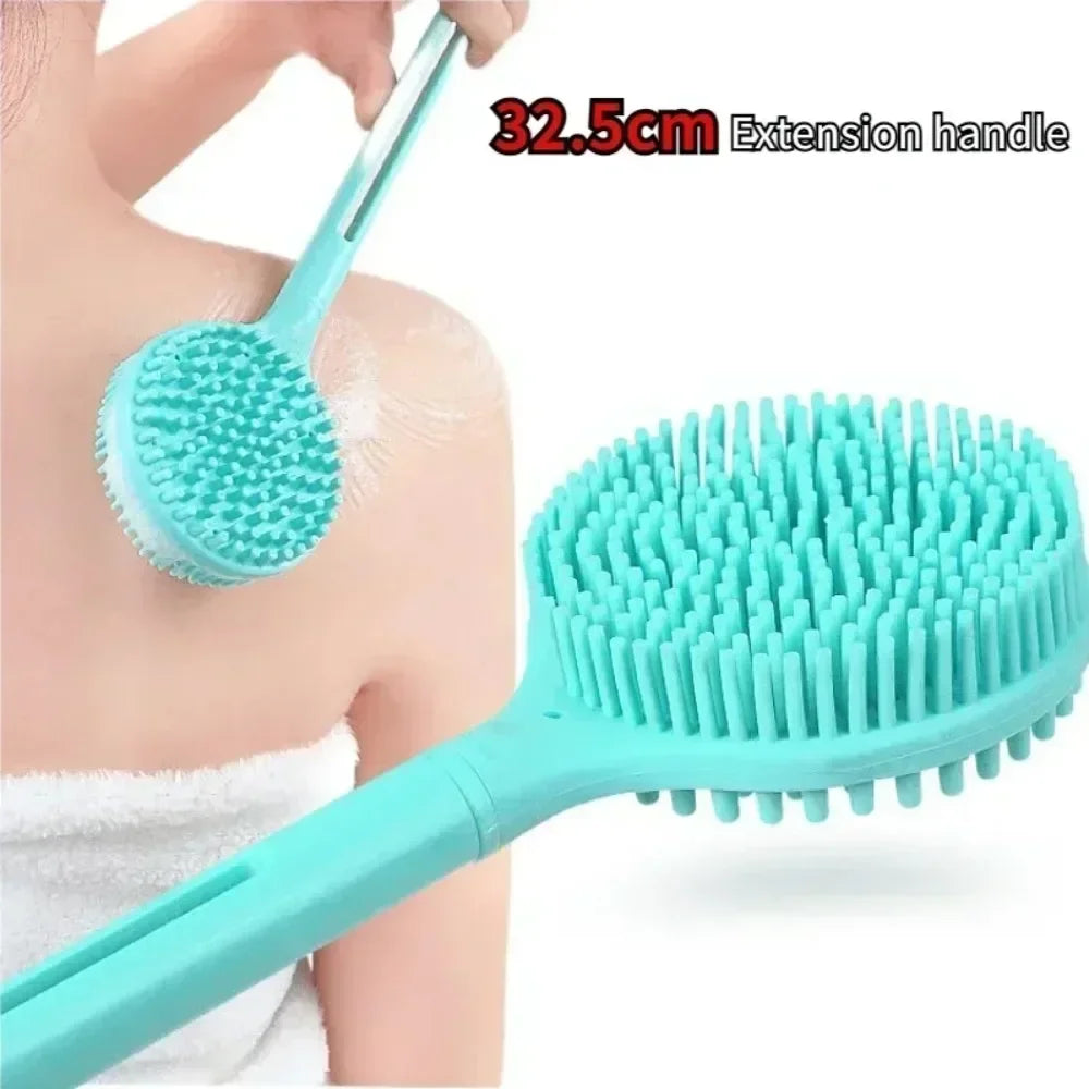 Silicone Body Scrubber with Long Handle – Two-Sided Exfoliating Bath Brush for Back Cleaning and Massage.