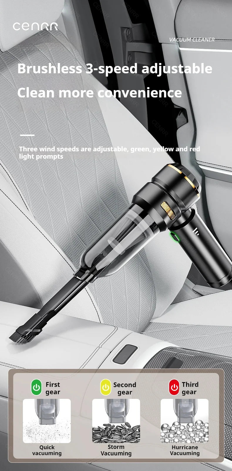 CENRR Portable Car Vacuum Cleaner – 998000PA Powerful Handheld Auto Cleaner with Dust Display Light & Strong Suction