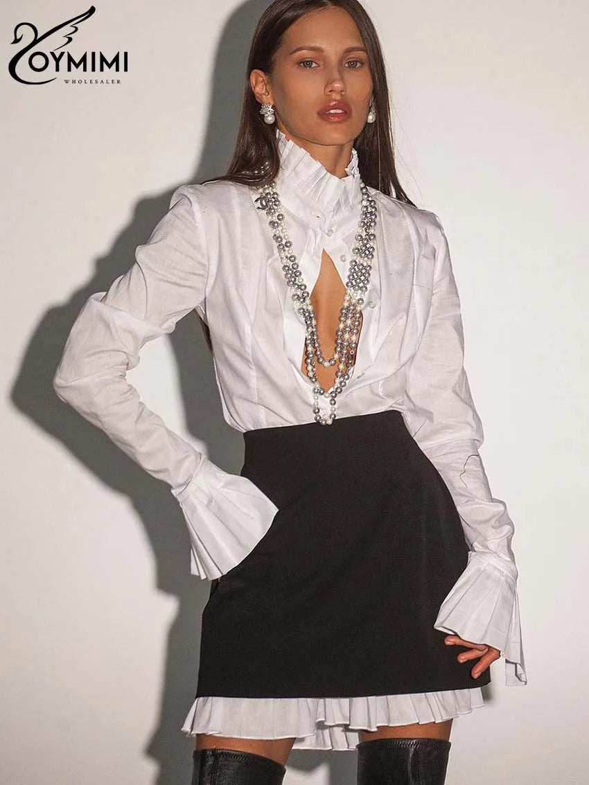 Oymimi Designer-Inspired Two-Piece Set – Feminine Ruffle Blouse and Patchwork Skirt Combo