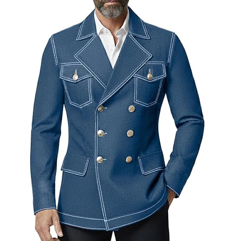 Men's Denim Jacket Double Breasted Slim Fit Notch Lapel Multi-pocket With Gold Button British Style Casual Office Spot Coat