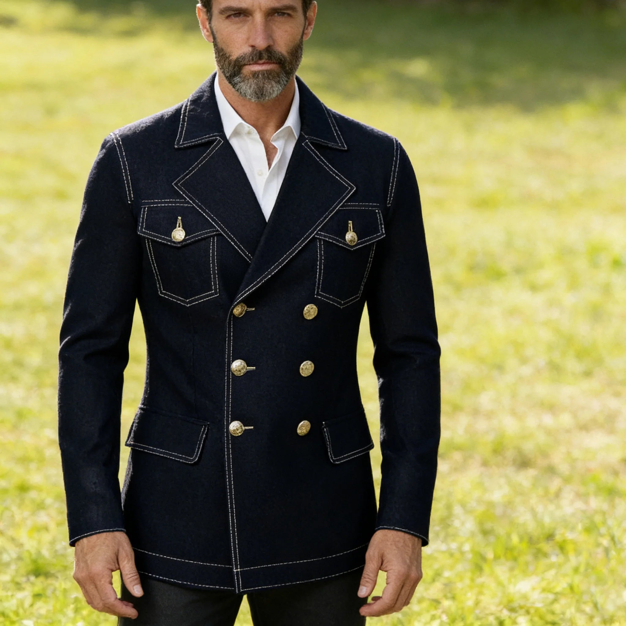 Men's Denim Jacket Double Breasted Slim Fit Notch Lapel Multi-pocket With Gold Button British Style Casual Office Spot Coat