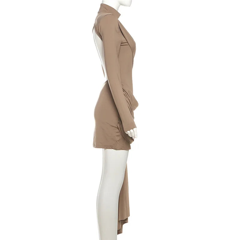 Turtleneck Irregular Draped Ruched Mini Dress Women Elegant Long Sleeve Backless Club Party Cocktail