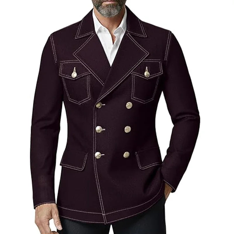 Men's Denim Jacket Double Breasted Slim Fit Notch Lapel Multi-pocket With Gold Button British Style Casual Office Spot Coat