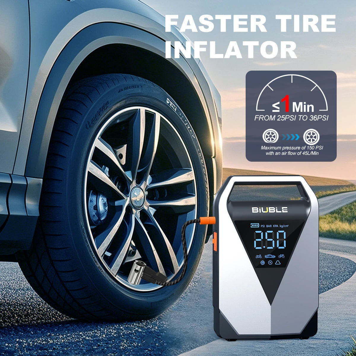 Portable 12V Car Jump Starter with 150PSI Air Compressor – 2500A Battery Booster & Tire Inflator