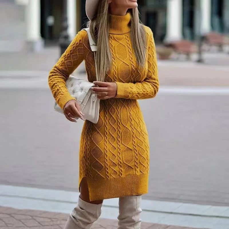 Women's Knitted Wrap Hip Skirt High Neck Warm and Thickened Elegant Knitted Sweater Long Sleeve Dress