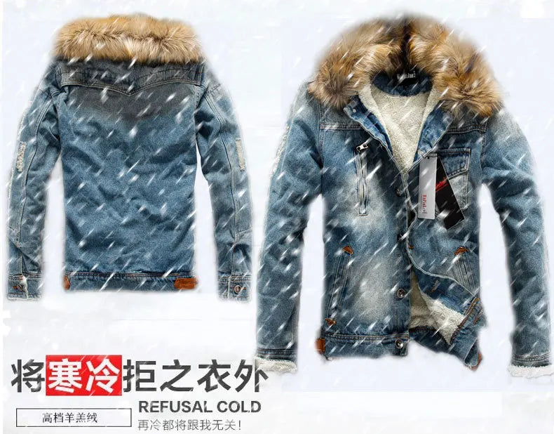 New Men's Fashion Retro Plush Denim Jacket Casual Tear Patch Denim Coat