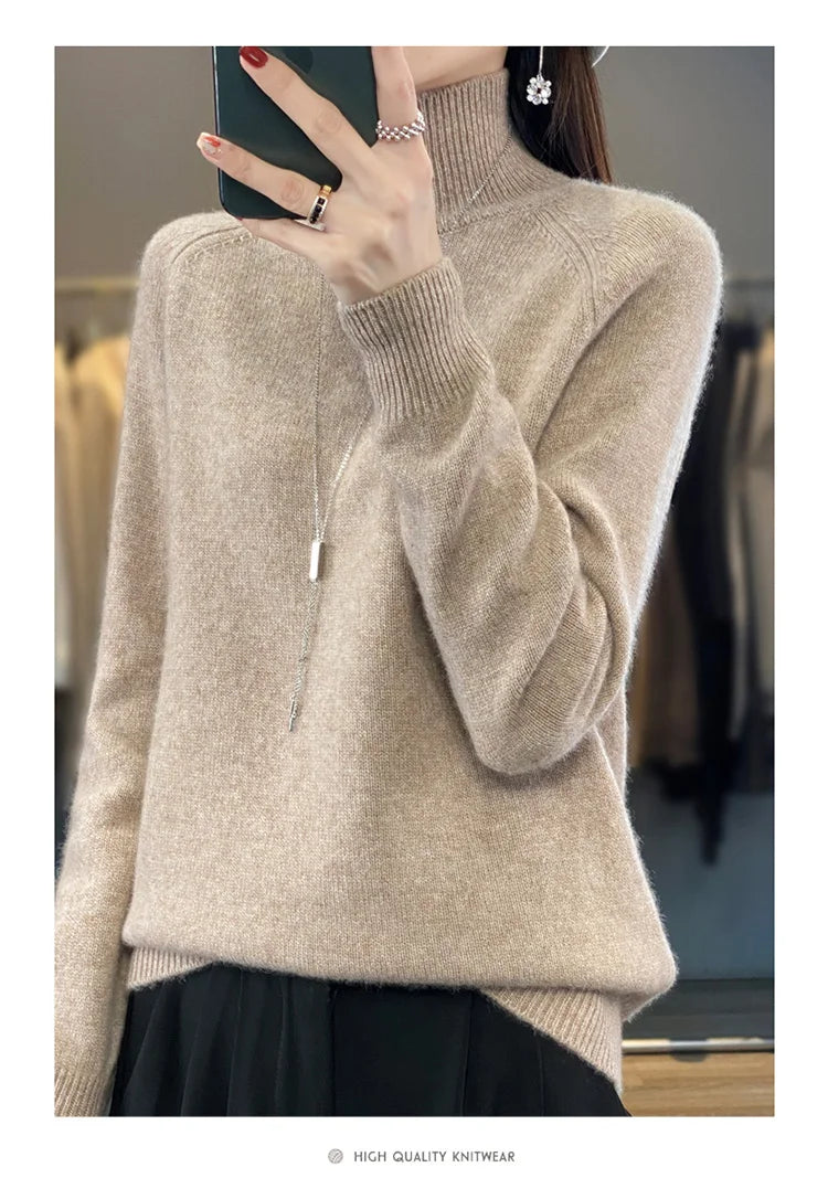 Autumn Winter Wool Sweater Mock Neck Office Lady Knitted Pullover Solid Soft Long Sleeve
