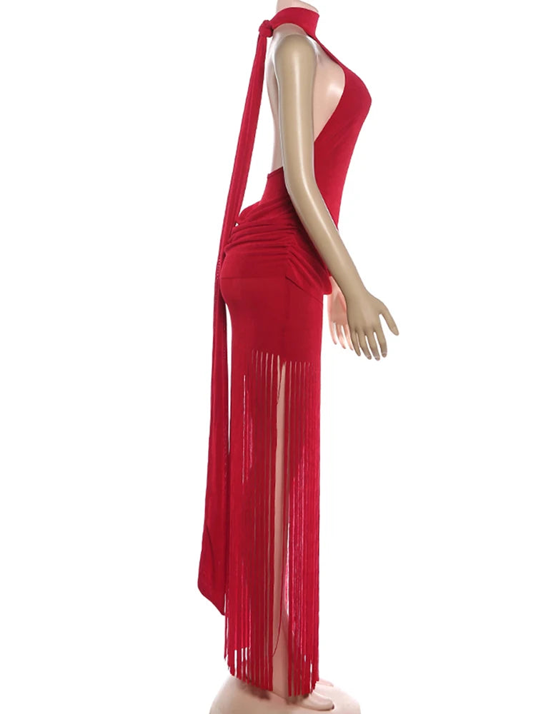 Women Velvet Ruched Patchwork Tassel Hem Elegant Backless Party Bodycon