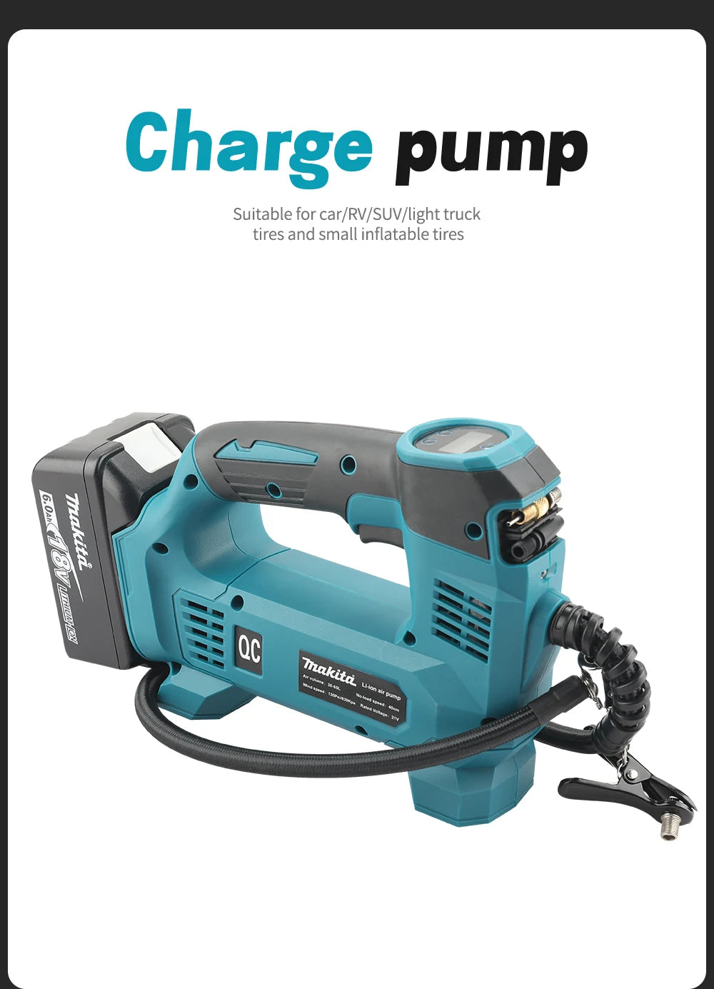 Portable Air pump 18V Battery Lithium-Ion Cordless Inflator For Car Tyre Inflator Electric Motorcycle Pump (No Battery)